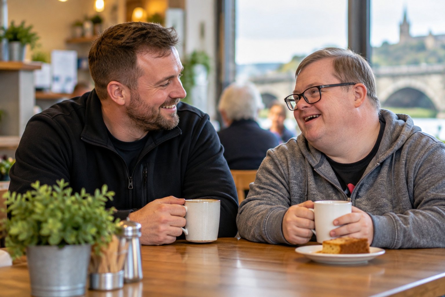 A relaxed conversation between two people over coffee
